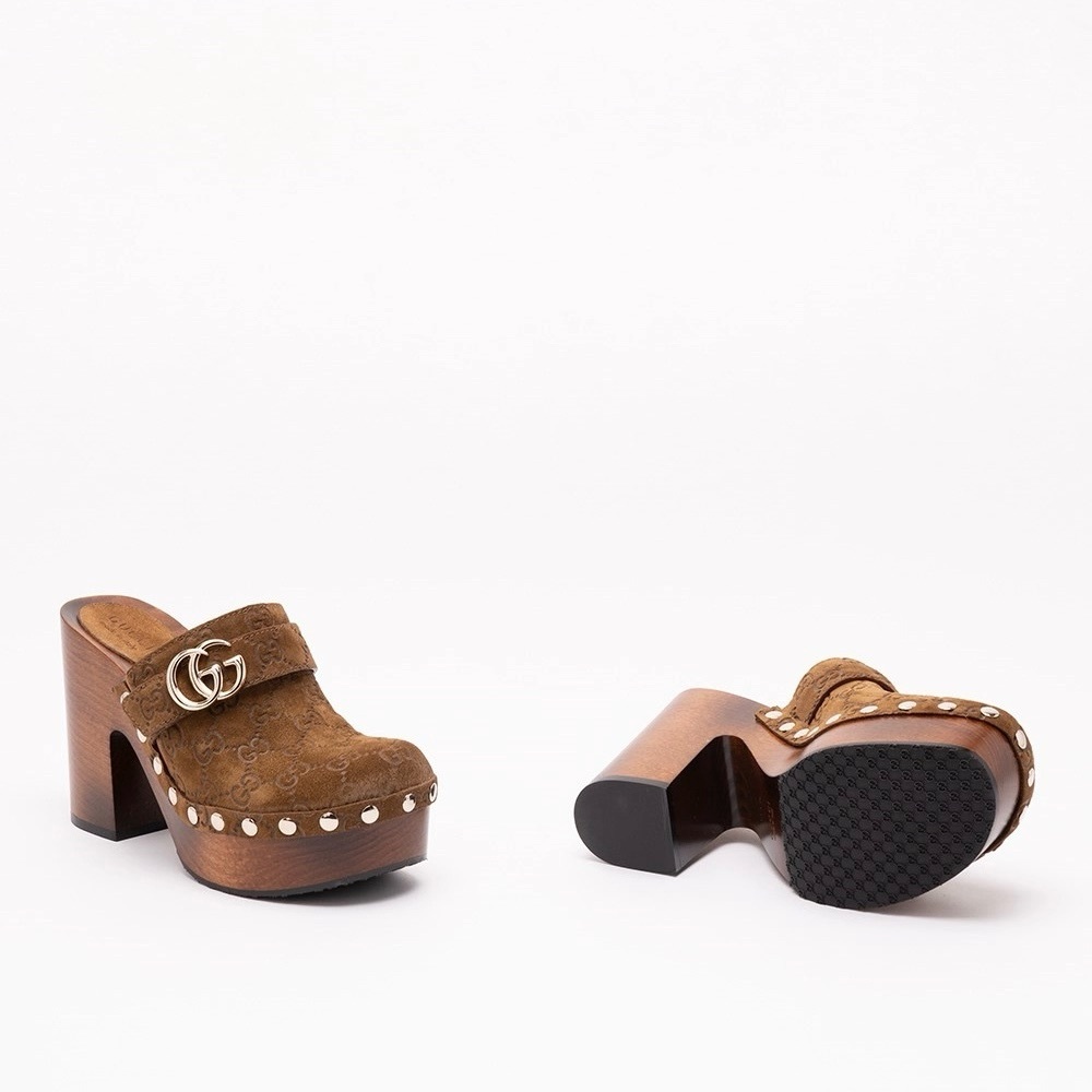 GUCCI Marmont GG logo suede leather platform wooden clogs - Picture 5 of 5